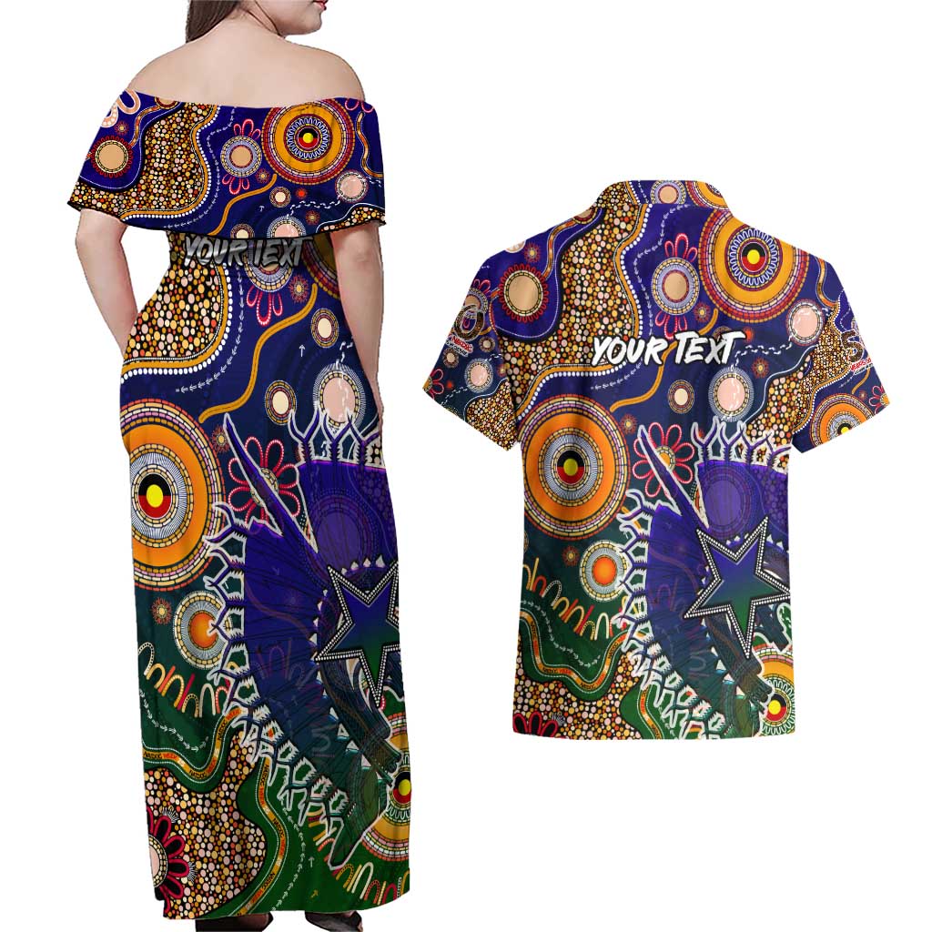 Personalised Indigenous Naidoc Week 2025 Couples Matching Off Shoulder Maxi Dress and Hawaiian Shirt Aboriginal and Torres Strait Islands Dhari Mask