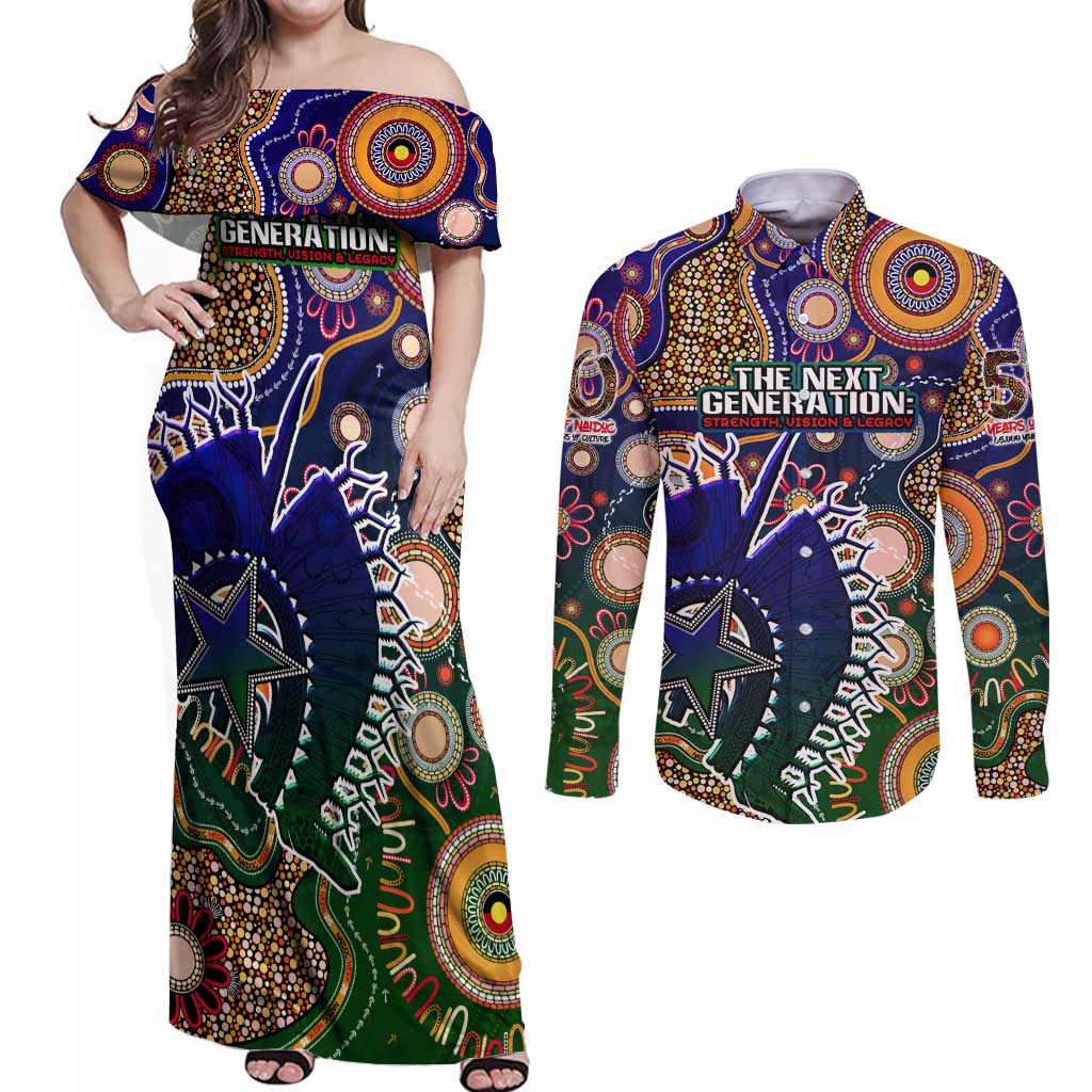 Personalised Indigenous Naidoc Week 2025 Couples Matching Off Shoulder Maxi Dress and Long Sleeve Button Shirt Aboriginal and Torres Strait Islands Dhari Mask