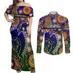 Personalised Indigenous Naidoc Week 2025 Couples Matching Off Shoulder Maxi Dress and Long Sleeve Button Shirt Aboriginal and Torres Strait Islands Dhari Mask