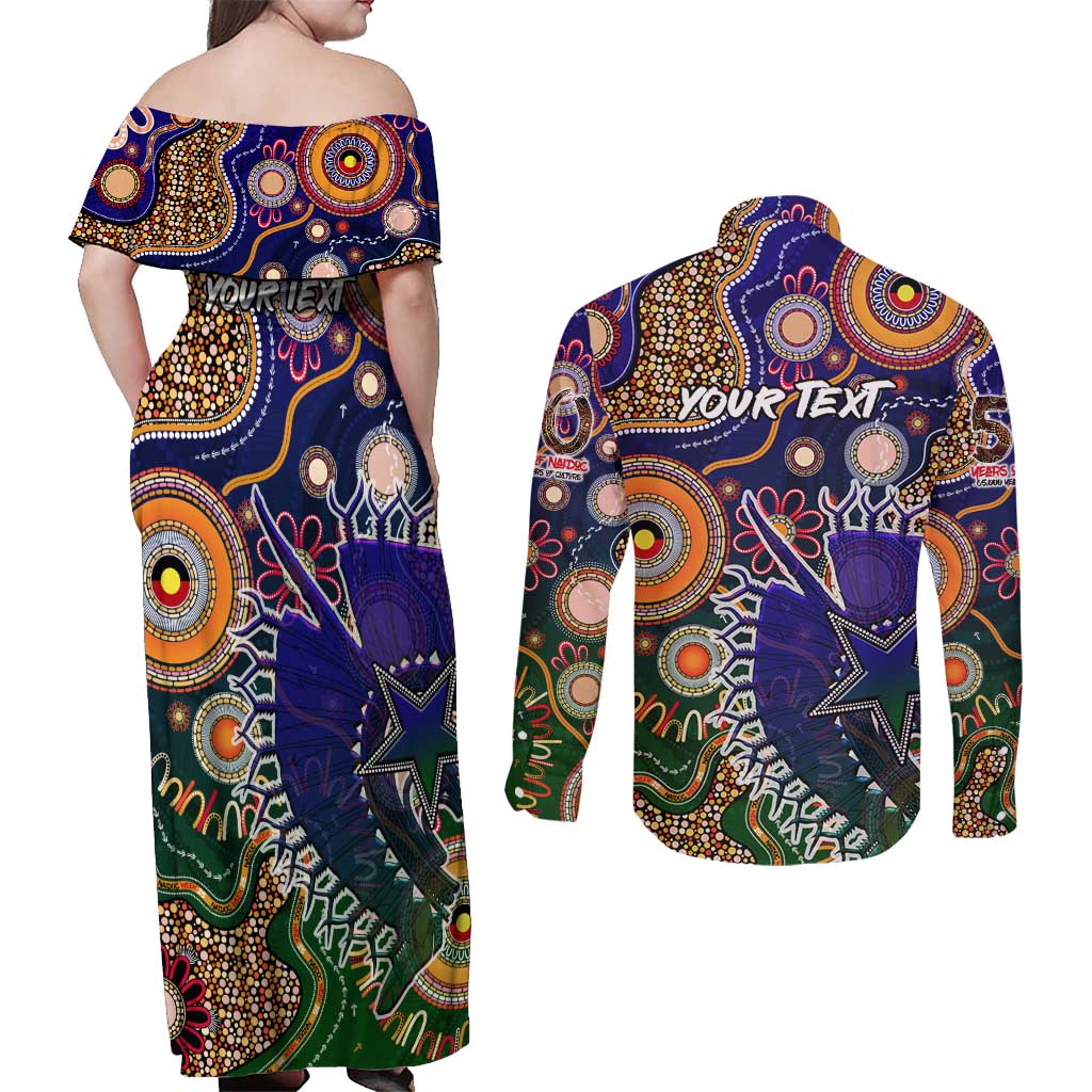 Personalised Indigenous Naidoc Week 2025 Couples Matching Off Shoulder Maxi Dress and Long Sleeve Button Shirt Aboriginal and Torres Strait Islands Dhari Mask