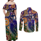 Personalised Indigenous Naidoc Week 2025 Couples Matching Off Shoulder Maxi Dress and Long Sleeve Button Shirt Aboriginal and Torres Strait Islands Dhari Mask
