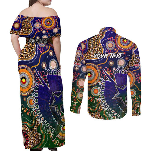 Personalised Indigenous Naidoc Week 2025 Couples Matching Off Shoulder Maxi Dress and Long Sleeve Button Shirt Aboriginal and Torres Strait Islands Dhari Mask