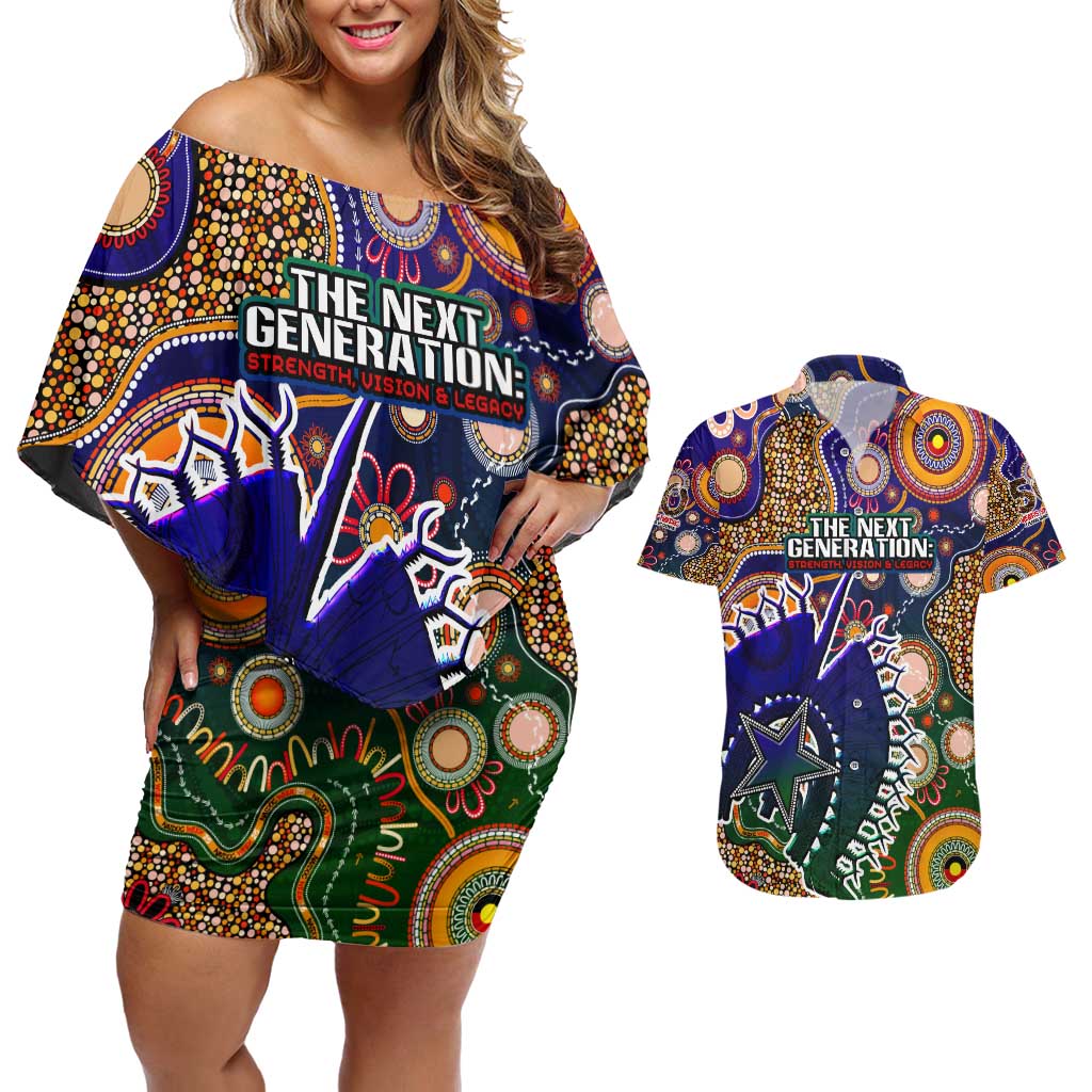 Personalised Indigenous Naidoc Week 2025 Couples Matching Off Shoulder Short Dress and Hawaiian Shirt Aboriginal and Torres Strait Islands Dhari Mask