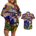 Personalised Indigenous Naidoc Week 2025 Couples Matching Off Shoulder Short Dress and Hawaiian Shirt Aboriginal and Torres Strait Islands Dhari Mask