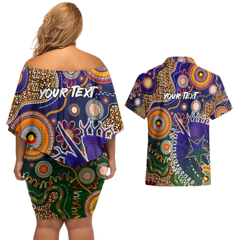 Personalised Indigenous Naidoc Week 2025 Couples Matching Off Shoulder Short Dress and Hawaiian Shirt Aboriginal and Torres Strait Islands Dhari Mask