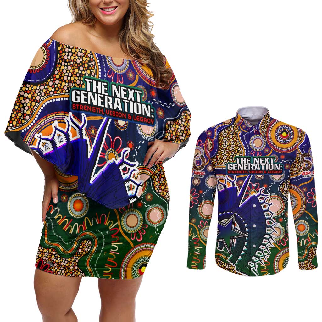Personalised Indigenous Naidoc Week 2025 Couples Matching Off Shoulder Short Dress and Long Sleeve Button Shirt Aboriginal and Torres Strait Islands Dhari Mask