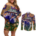Personalised Indigenous Naidoc Week 2025 Couples Matching Off Shoulder Short Dress and Long Sleeve Button Shirt Aboriginal and Torres Strait Islands Dhari Mask