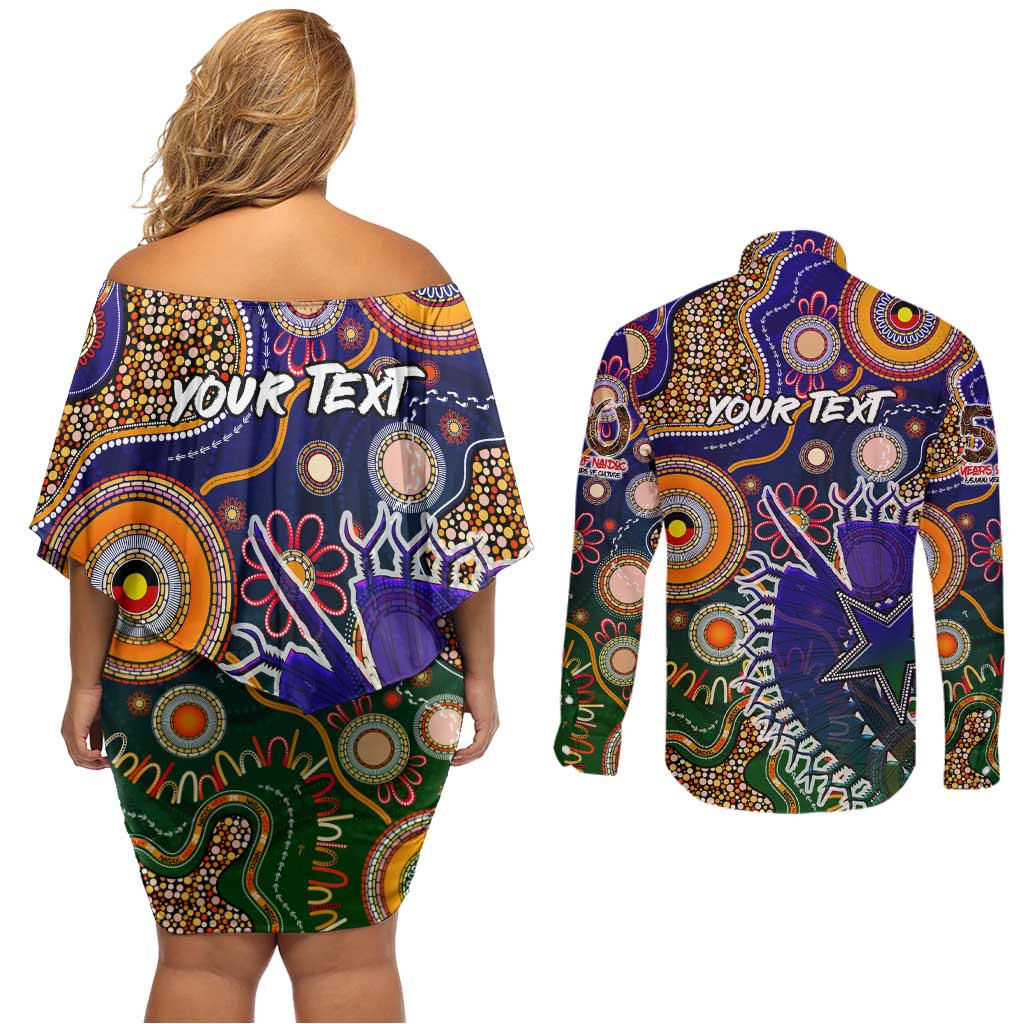 Personalised Indigenous Naidoc Week 2025 Couples Matching Off Shoulder Short Dress and Long Sleeve Button Shirt Aboriginal and Torres Strait Islands Dhari Mask