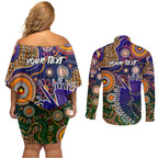 Personalised Indigenous Naidoc Week 2025 Couples Matching Off Shoulder Short Dress and Long Sleeve Button Shirt Aboriginal and Torres Strait Islands Dhari Mask