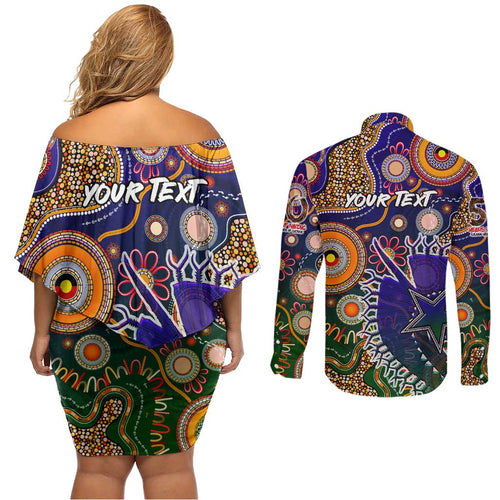 Personalised Indigenous Naidoc Week 2025 Couples Matching Off Shoulder Short Dress and Long Sleeve Button Shirt Aboriginal and Torres Strait Islands Dhari Mask