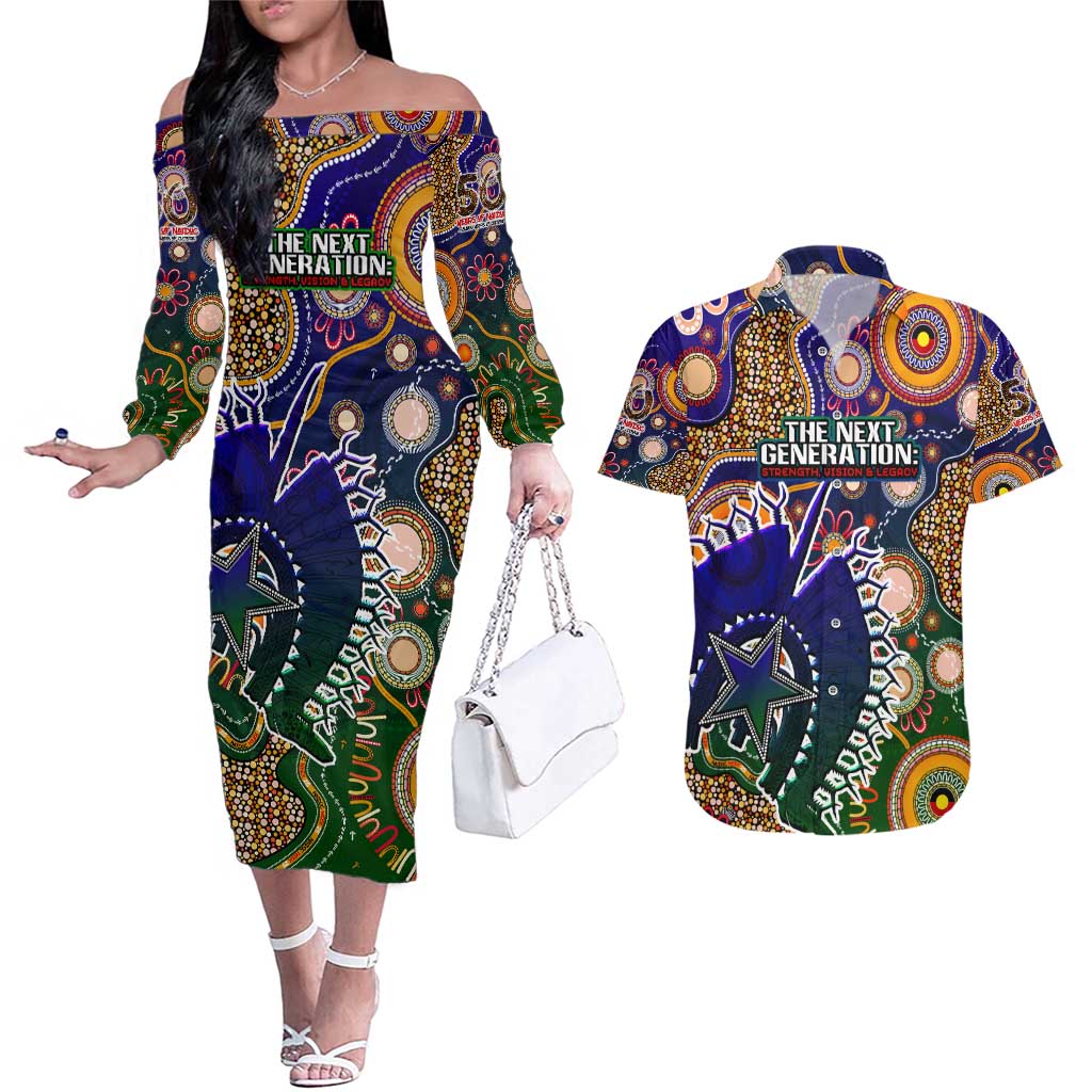 Personalised Indigenous Naidoc Week 2025 Couples Matching Off The Shoulder Long Sleeve Dress and Hawaiian Shirt Aboriginal and Torres Strait Islands Dhari Mask