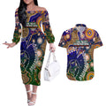 Personalised Indigenous Naidoc Week 2025 Couples Matching Off The Shoulder Long Sleeve Dress and Hawaiian Shirt Aboriginal and Torres Strait Islands Dhari Mask