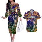 Personalised Indigenous Naidoc Week 2025 Couples Matching Off The Shoulder Long Sleeve Dress and Hawaiian Shirt Aboriginal and Torres Strait Islands Dhari Mask