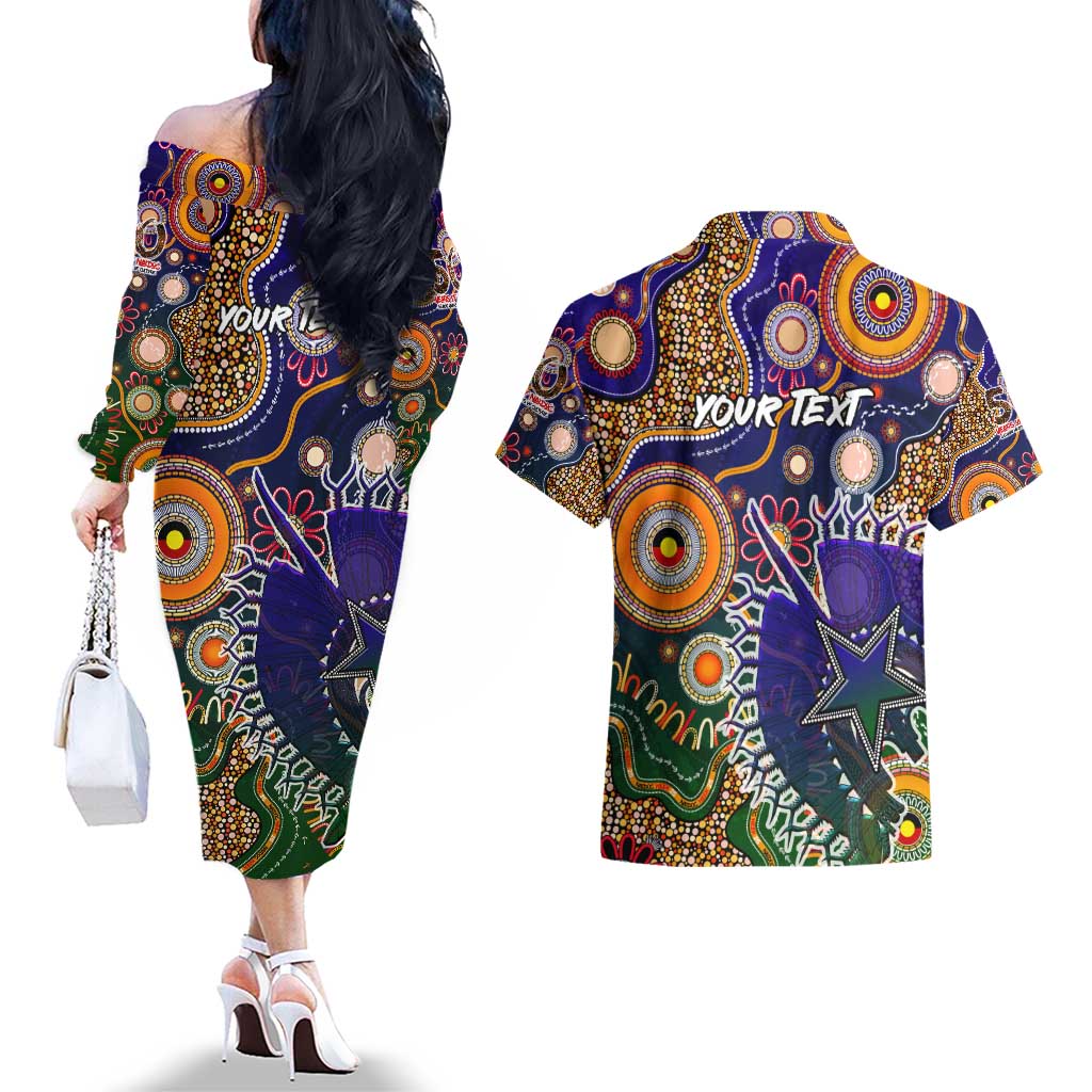 Personalised Indigenous Naidoc Week 2025 Couples Matching Off The Shoulder Long Sleeve Dress and Hawaiian Shirt Aboriginal and Torres Strait Islands Dhari Mask