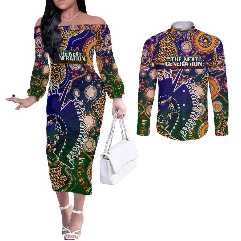 Personalised Indigenous Naidoc Week 2025 Couples Matching Off The Shoulder Long Sleeve Dress and Long Sleeve Button Shirt Aboriginal and Torres Strait Islands Dhari Mask