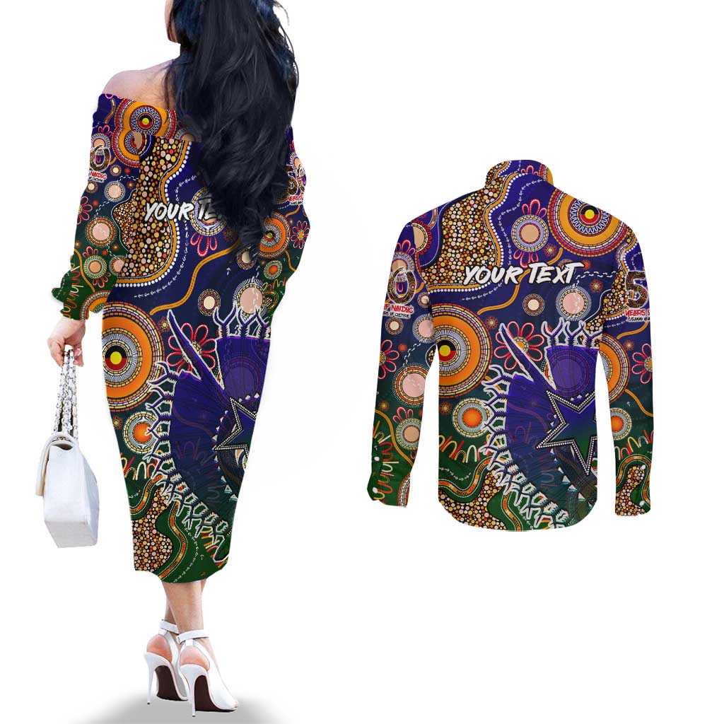 Personalised Indigenous Naidoc Week 2025 Couples Matching Off The Shoulder Long Sleeve Dress and Long Sleeve Button Shirt Aboriginal and Torres Strait Islands Dhari Mask
