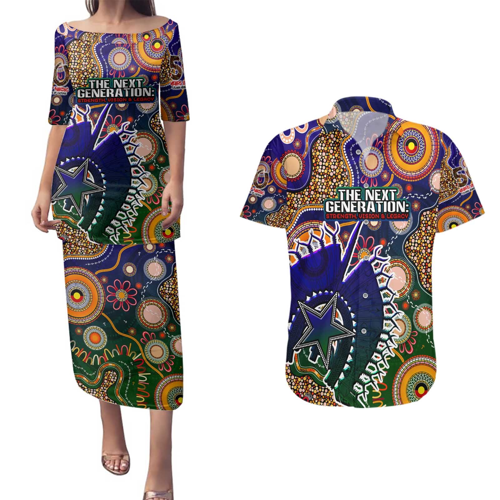 Personalised Indigenous Naidoc Week 2025 Couples Matching Puletasi and Hawaiian Shirt Aboriginal and Torres Strait Islands Dhari Mask
