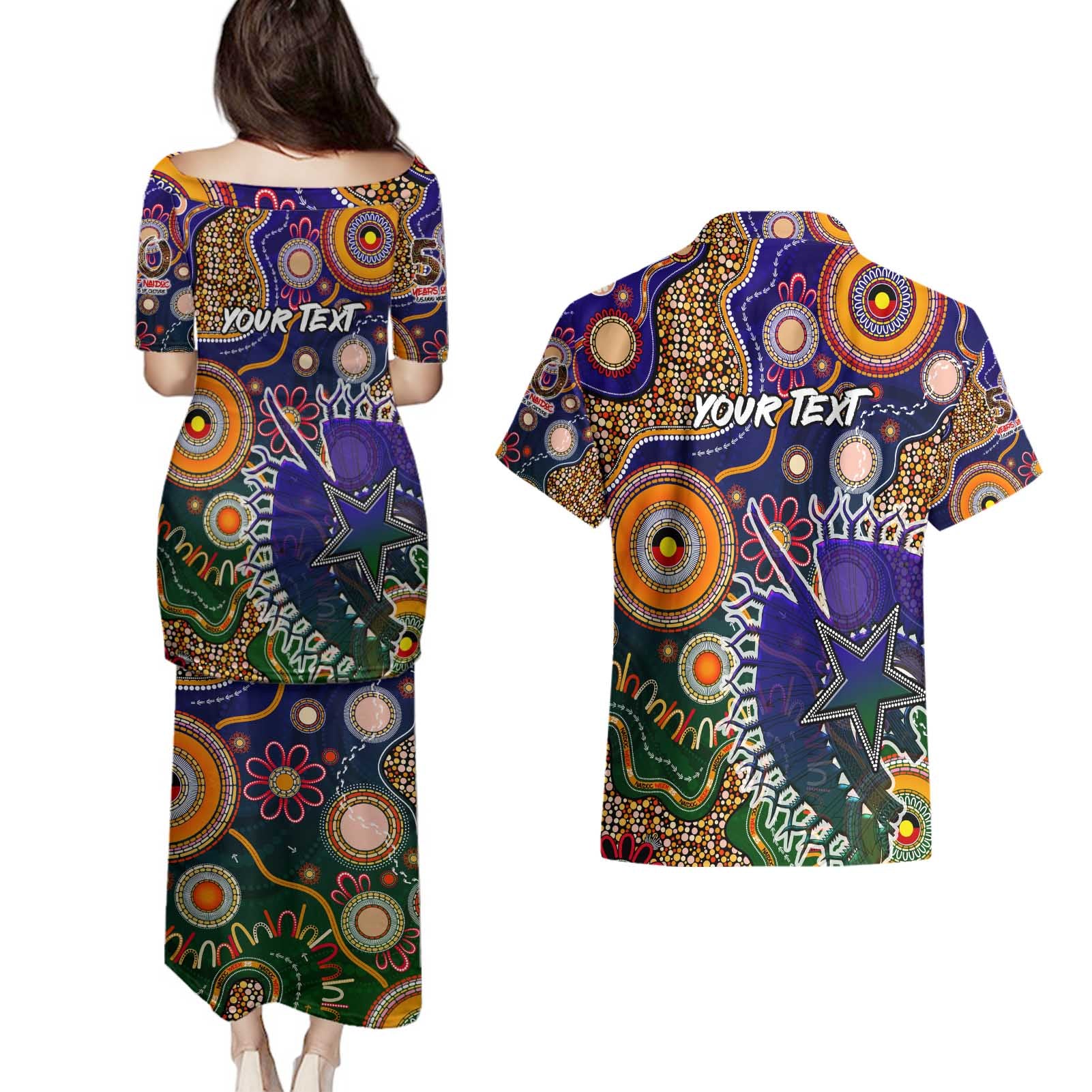 Personalised Indigenous Naidoc Week 2025 Couples Matching Puletasi and Hawaiian Shirt Aboriginal and Torres Strait Islands Dhari Mask