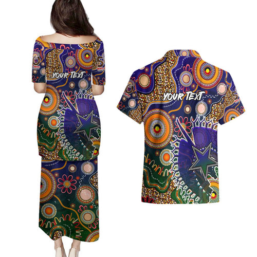 Personalised Indigenous Naidoc Week 2025 Couples Matching Puletasi and Hawaiian Shirt Aboriginal and Torres Strait Islands Dhari Mask