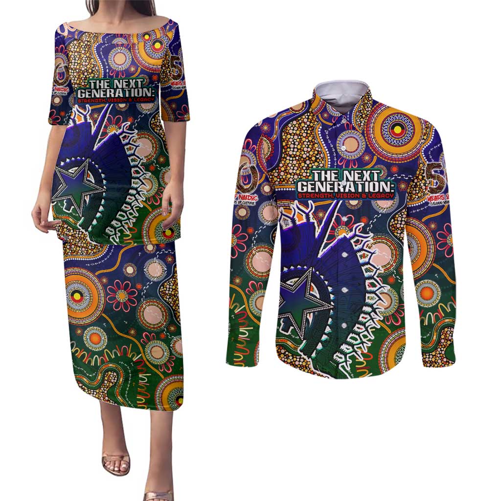 Personalised Indigenous Naidoc Week 2025 Couples Matching Puletasi and Long Sleeve Button Shirt Aboriginal and Torres Strait Islands Dhari Mask