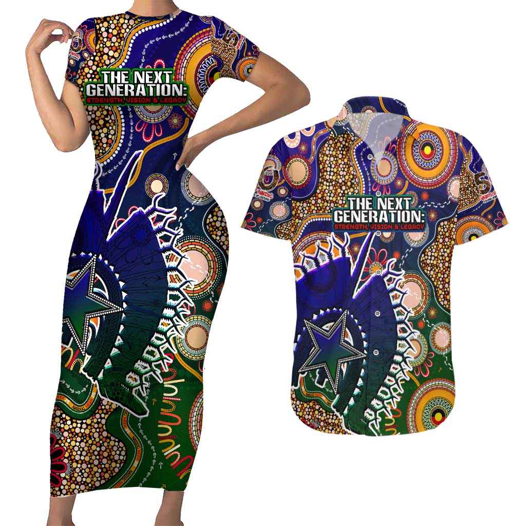 Personalised Indigenous Naidoc Week 2025 Couples Matching Short Sleeve Bodycon Dress and Hawaiian Shirt Aboriginal and Torres Strait Islands Dhari Mask
