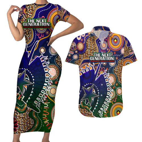 Personalised Indigenous Naidoc Week 2025 Couples Matching Short Sleeve Bodycon Dress and Hawaiian Shirt Aboriginal and Torres Strait Islands Dhari Mask