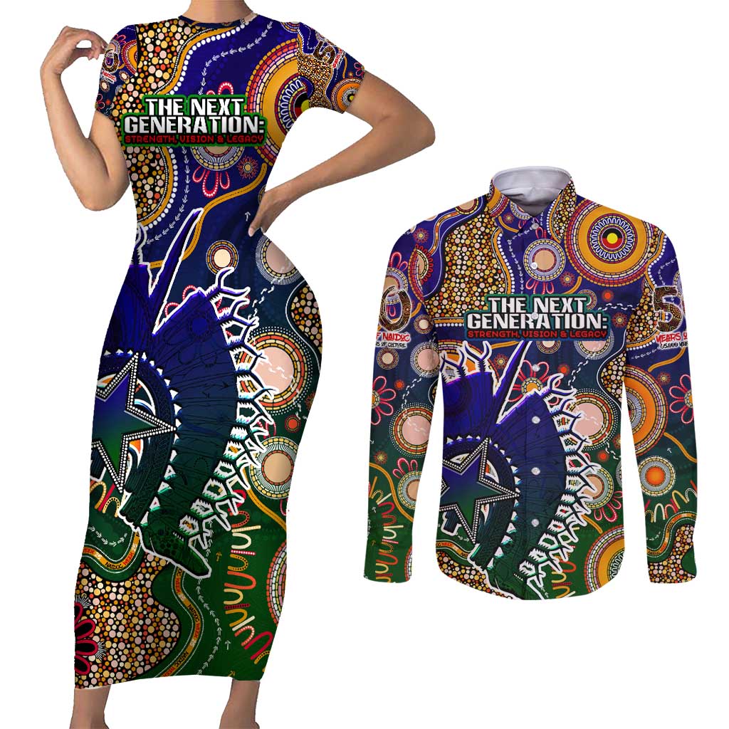 Personalised Indigenous Naidoc Week 2025 Couples Matching Short Sleeve Bodycon Dress and Long Sleeve Button Shirt Aboriginal and Torres Strait Islands Dhari Mask