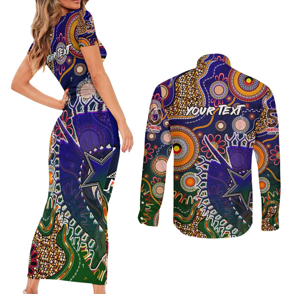Personalised Indigenous Naidoc Week 2025 Couples Matching Short Sleeve Bodycon Dress and Long Sleeve Button Shirt Aboriginal and Torres Strait Islands Dhari Mask