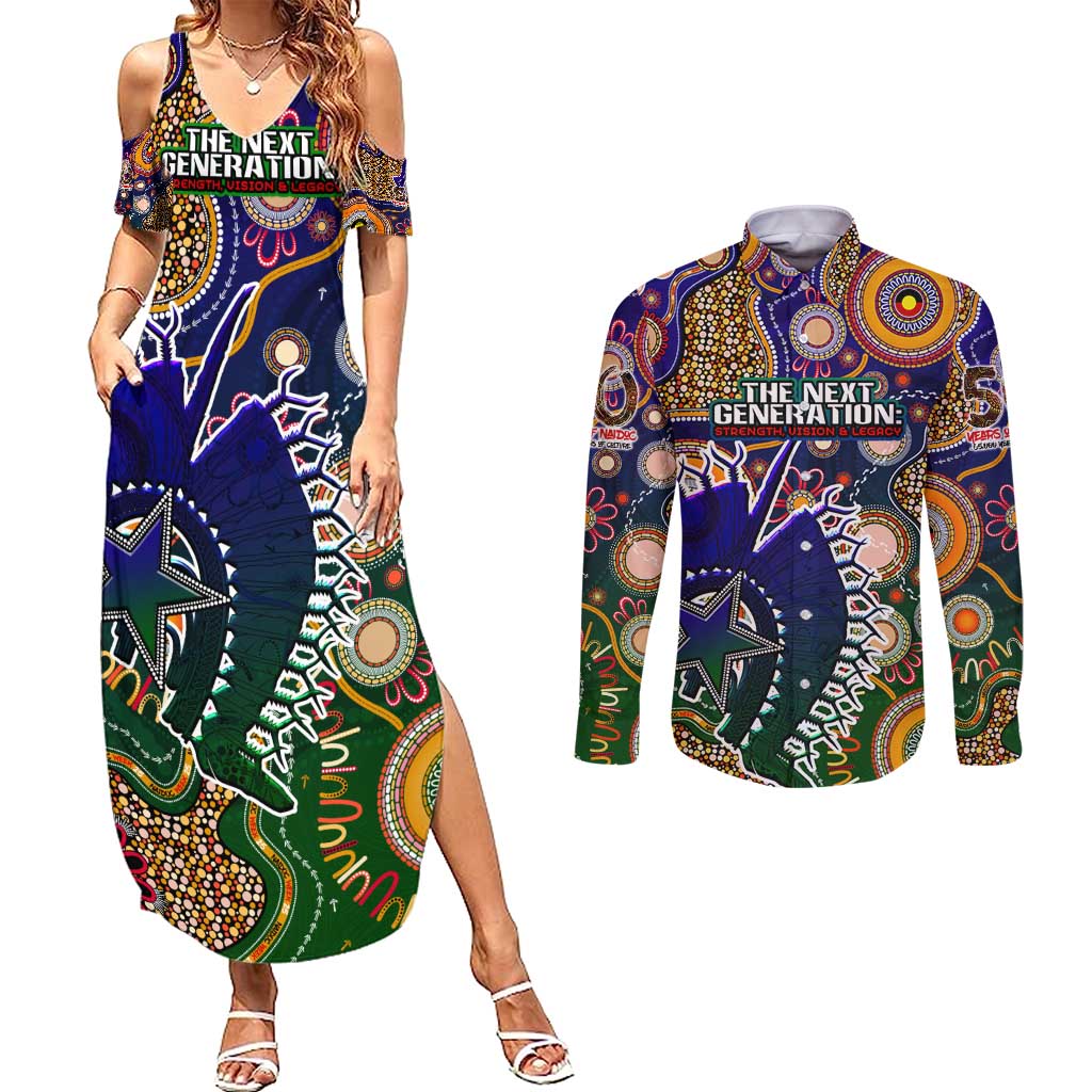 Personalised Indigenous Naidoc Week 2025 Couples Matching Summer Maxi Dress and Long Sleeve Button Shirt Aboriginal and Torres Strait Islands Dhari Mask
