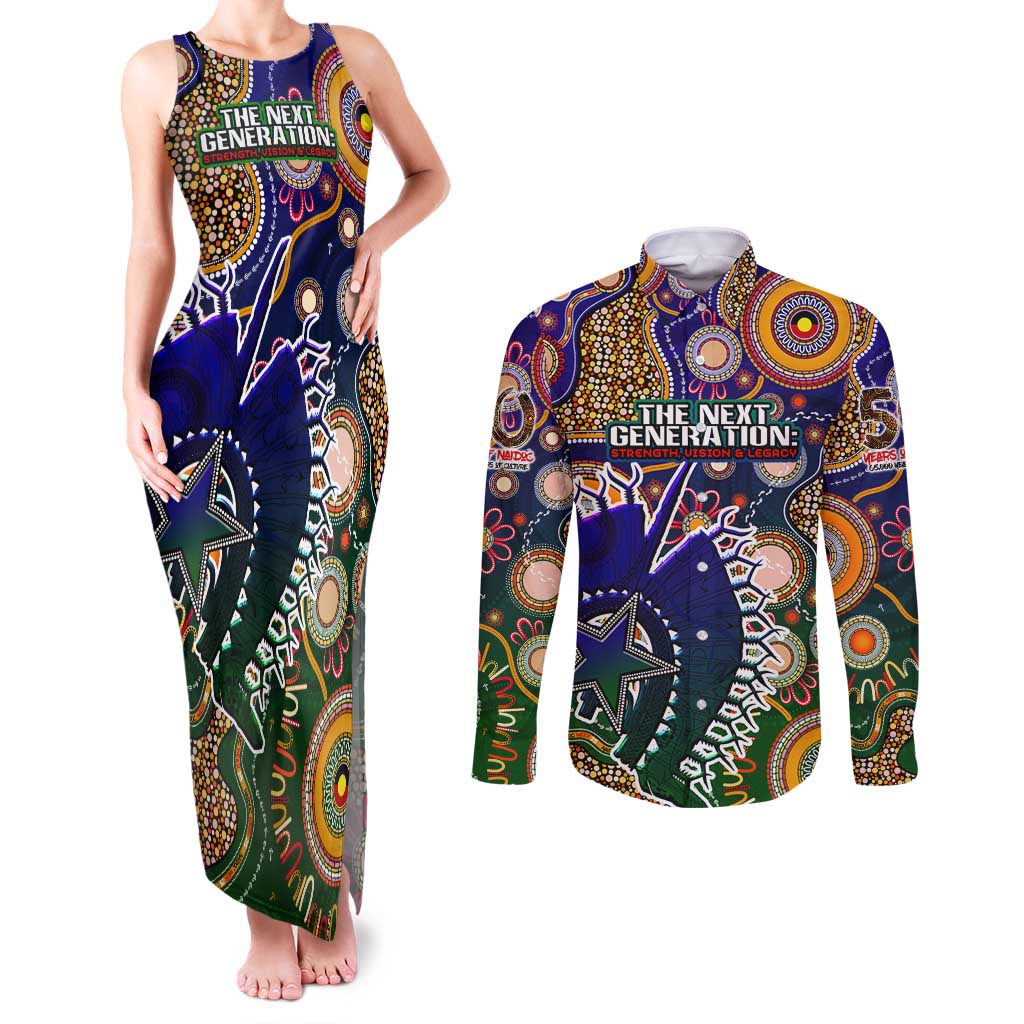 Personalised Indigenous Naidoc Week 2025 Couples Matching Tank Maxi Dress and Long Sleeve Button Shirt Aboriginal and Torres Strait Islands Dhari Mask
