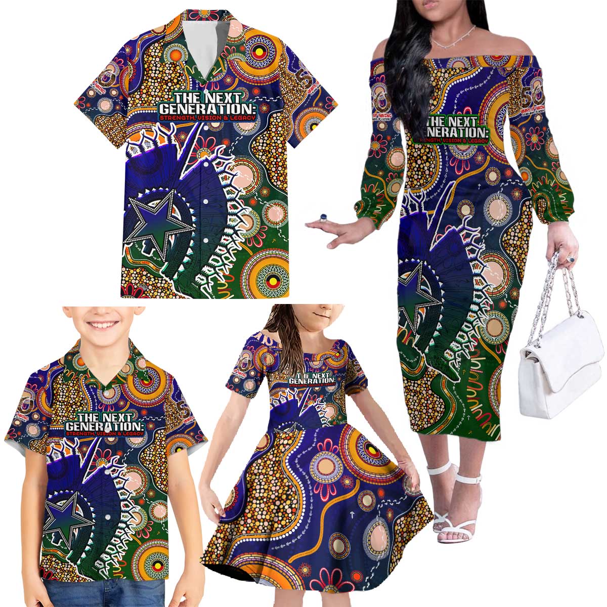 Personalised Indigenous Naidoc Week 2025 Family Matching Off The Shoulder Long Sleeve Dress and Hawaiian Shirt Aboriginal and Torres Strait Islands Dhari Mask