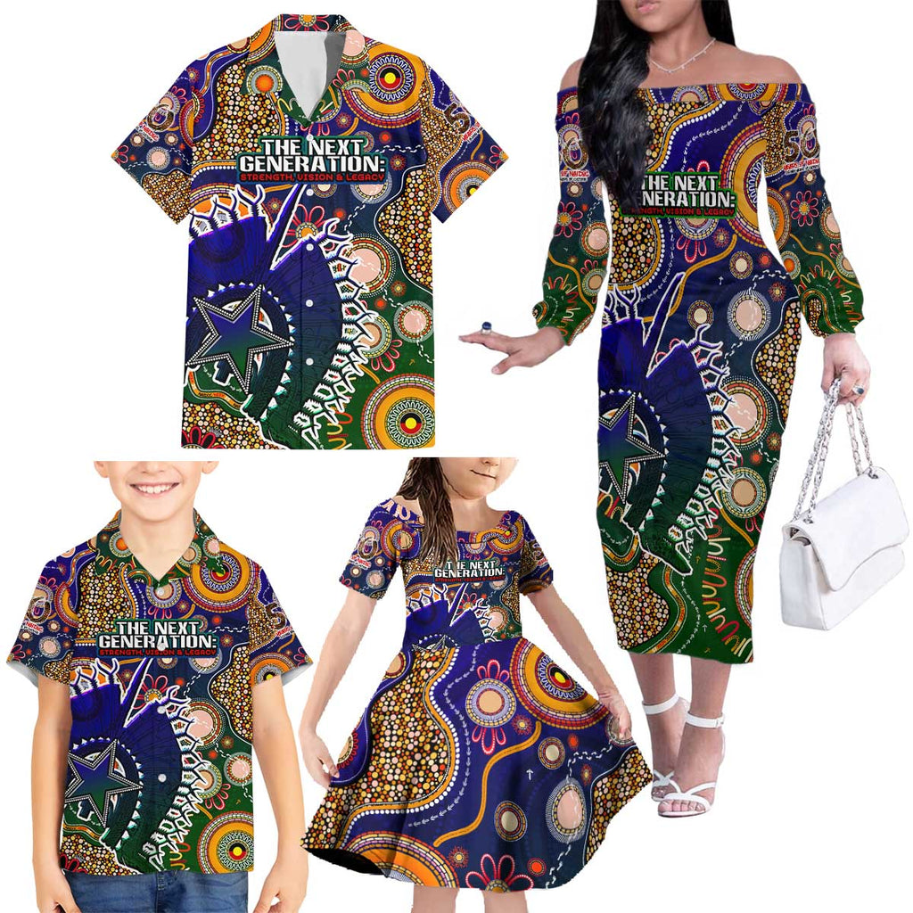 Personalised Indigenous Naidoc Week 2025 Family Matching Off The Shoulder Long Sleeve Dress and Hawaiian Shirt Aboriginal and Torres Strait Islands Dhari Mask