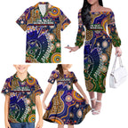 Personalised Indigenous Naidoc Week 2025 Family Matching Off The Shoulder Long Sleeve Dress and Hawaiian Shirt Aboriginal and Torres Strait Islands Dhari Mask