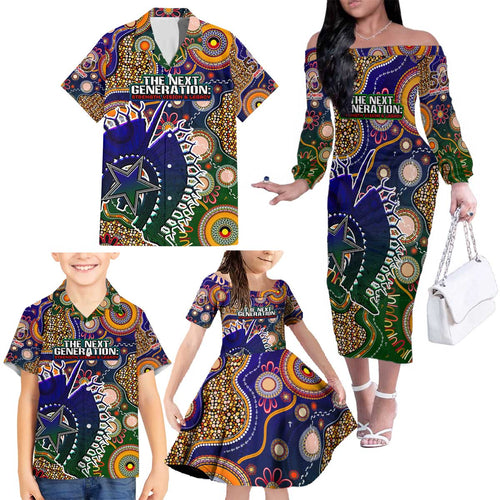 Personalised Indigenous Naidoc Week 2025 Family Matching Off The Shoulder Long Sleeve Dress and Hawaiian Shirt Aboriginal and Torres Strait Islands Dhari Mask