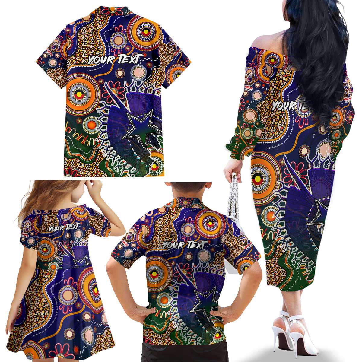 Personalised Indigenous Naidoc Week 2025 Family Matching Off The Shoulder Long Sleeve Dress and Hawaiian Shirt Aboriginal and Torres Strait Islands Dhari Mask