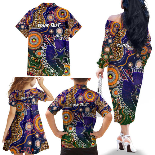 Personalised Indigenous Naidoc Week 2025 Family Matching Off The Shoulder Long Sleeve Dress and Hawaiian Shirt Aboriginal and Torres Strait Islands Dhari Mask