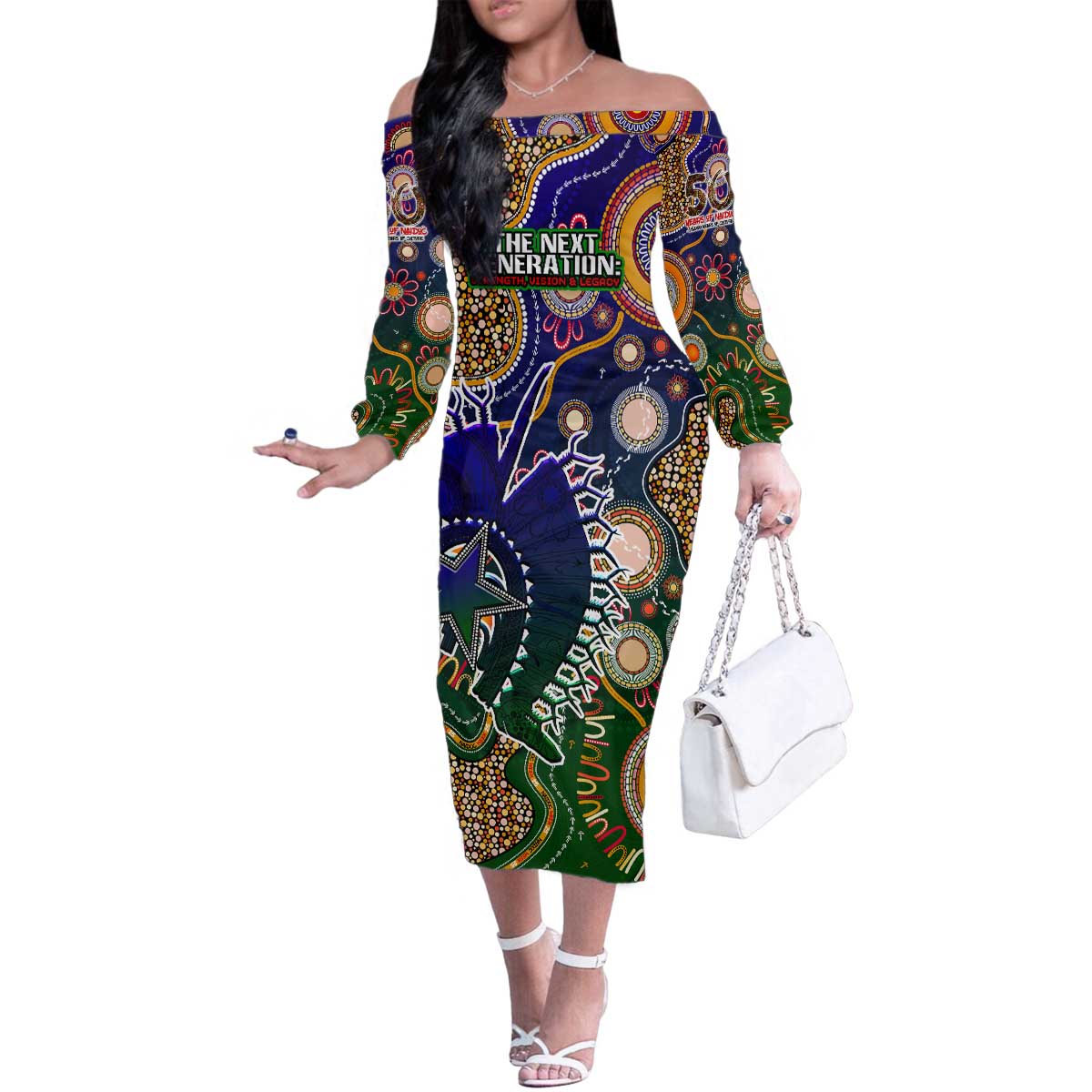Personalised Indigenous Naidoc Week 2025 Family Matching Off The Shoulder Long Sleeve Dress and Hawaiian Shirt Aboriginal and Torres Strait Islands Dhari Mask