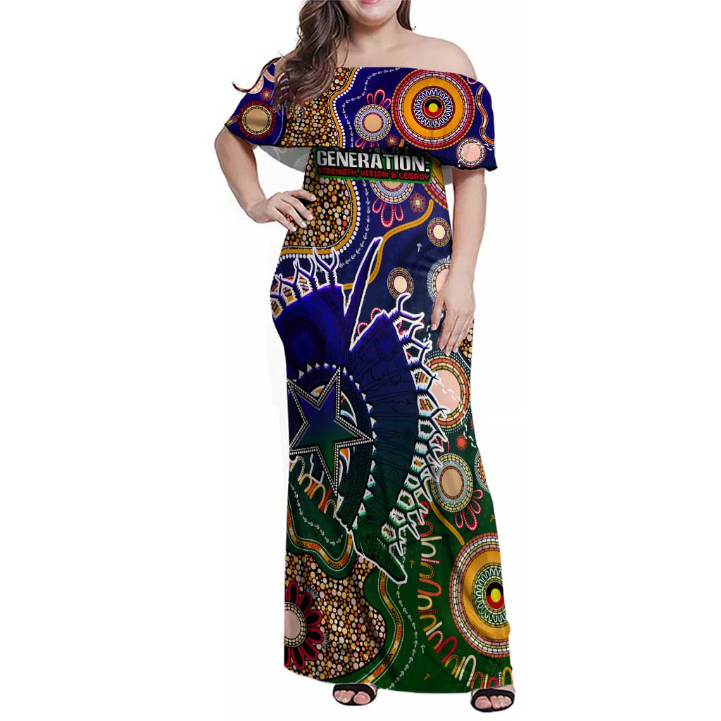 Personalised Indigenous Naidoc Week 2025 Family Matching Off Shoulder Maxi Dress and Hawaiian Shirt Aboriginal and Torres Strait Islands Dhari Mask