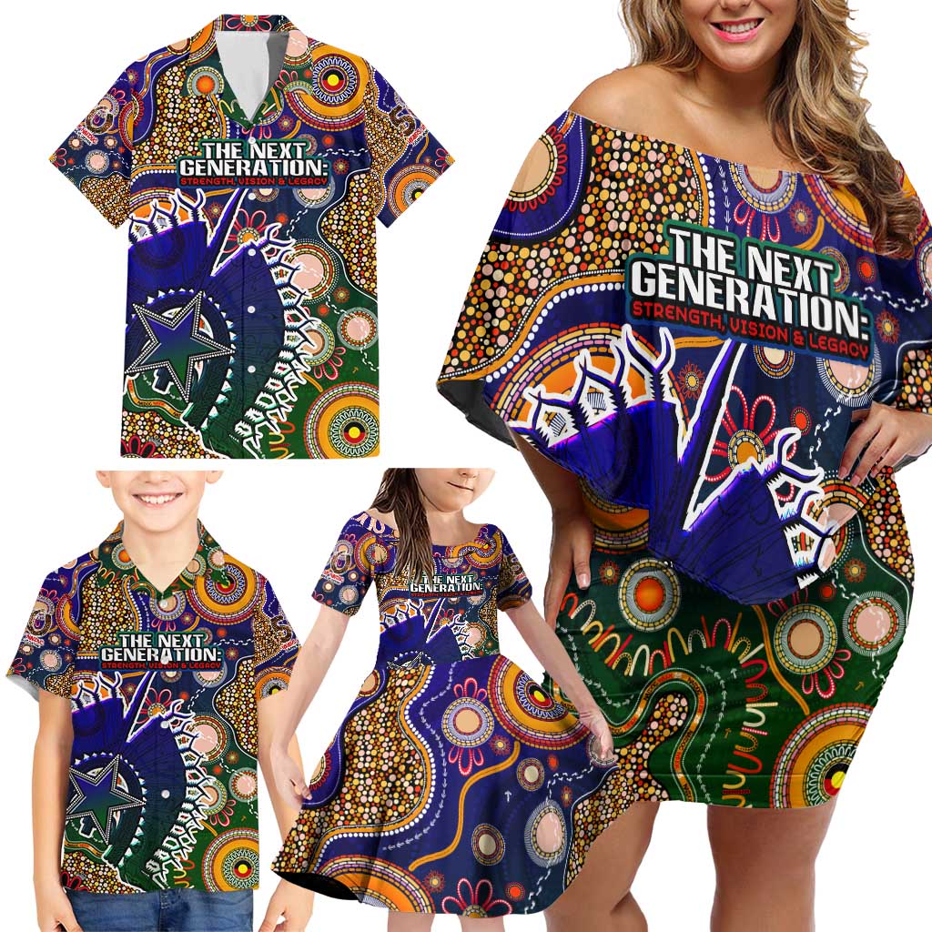 Personalised Indigenous Naidoc Week 2025 Family Matching Off Shoulder Short Dress and Hawaiian Shirt Aboriginal and Torres Strait Islands Dhari Mask
