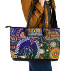 Indigenous Naidoc Week 2025 Leather Tote Bag Aboriginal and Torres Strait Islands Dhari Mask