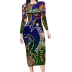 Personalised Indigenous Naidoc Week 2025 Long Sleeve Bodycon Dress Aboriginal and Torres Strait Islands Dhari Mask
