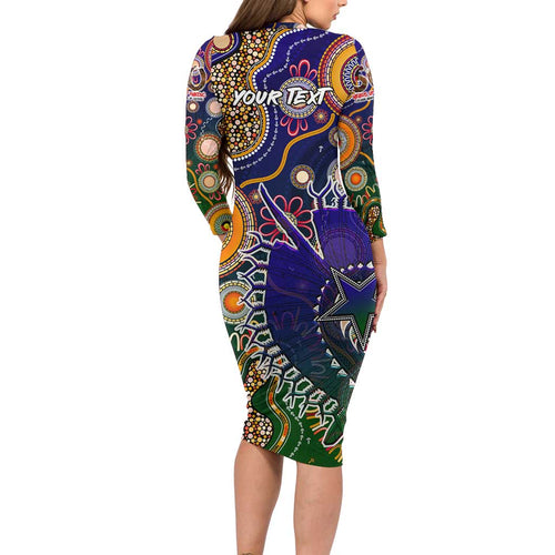 Personalised Indigenous Naidoc Week 2025 Long Sleeve Bodycon Dress Aboriginal and Torres Strait Islands Dhari Mask