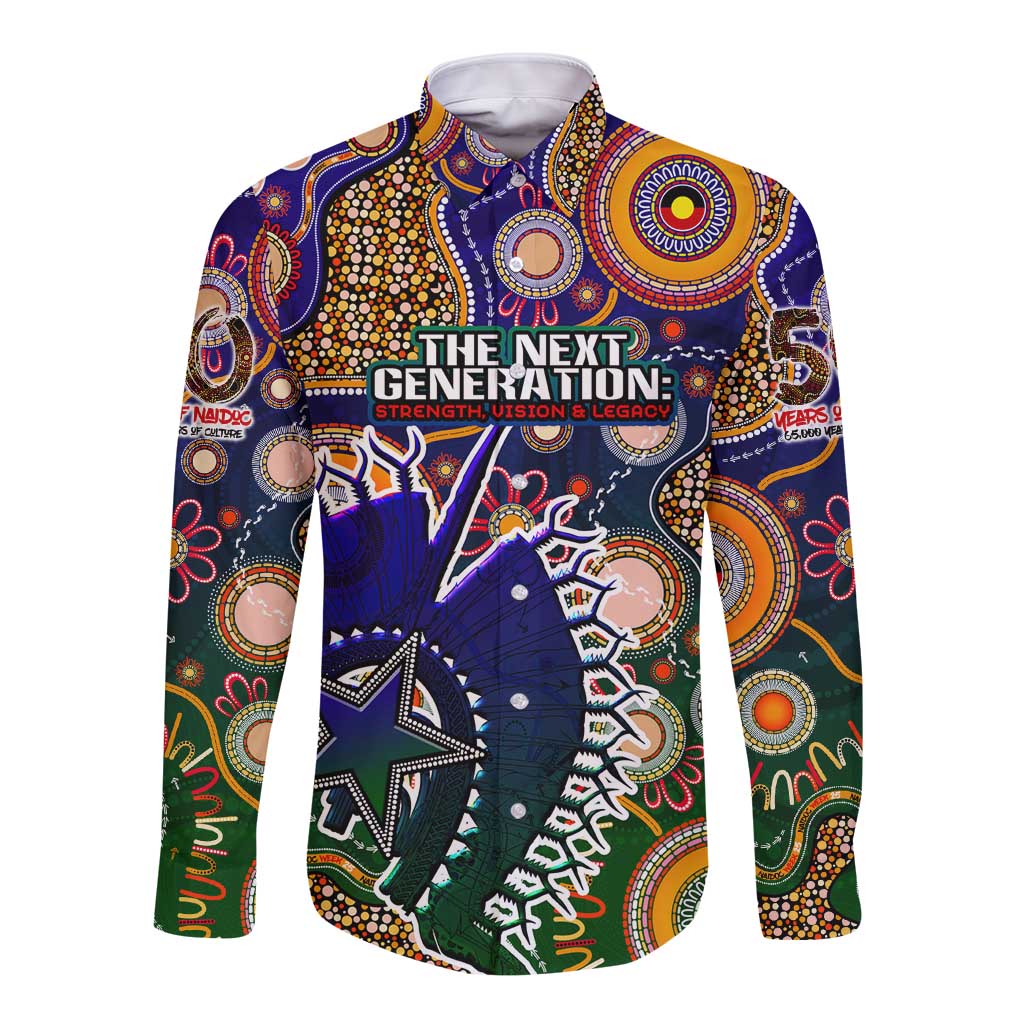 Personalised Indigenous Naidoc Week 2025 Long Sleeve Button Shirt Aboriginal and Torres Strait Islands Dhari Mask