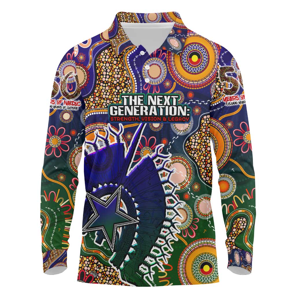 Personalised Indigenous Naidoc Week 2025 Long Sleeve Polo Shirt Aboriginal and Torres Strait Islands Dhari Mask