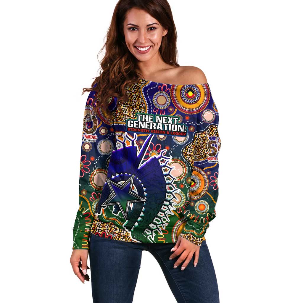 Personalised Indigenous Naidoc Week 2025 Off Shoulder Sweater Aboriginal and Torres Strait Islands Dhari Mask