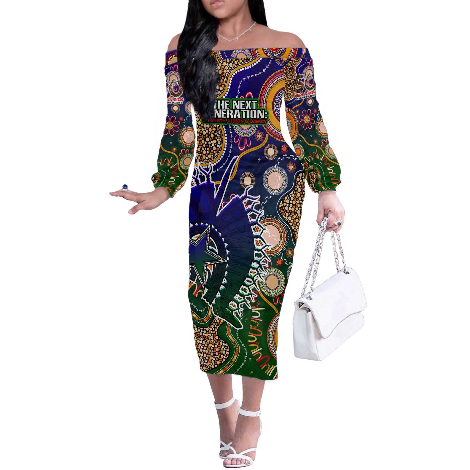 Personalised Indigenous Naidoc Week 2025 Off The Shoulder Long Sleeve Dress Aboriginal and Torres Strait Islands Dhari Mask