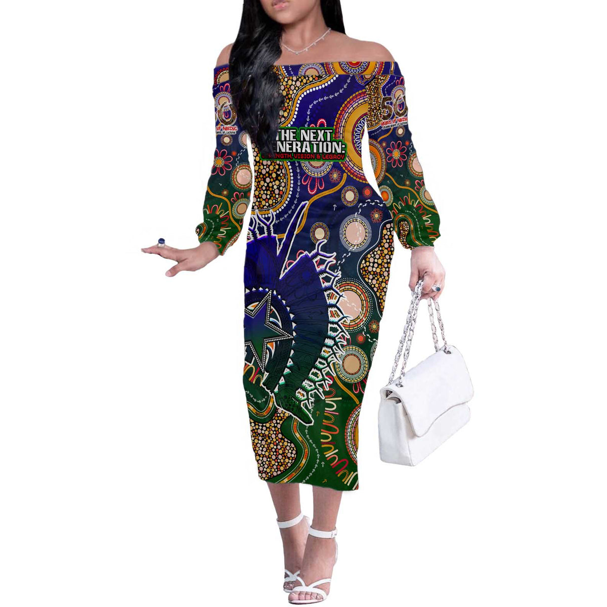 Personalised Indigenous Naidoc Week 2025 Off The Shoulder Long Sleeve Dress Aboriginal and Torres Strait Islands Dhari Mask