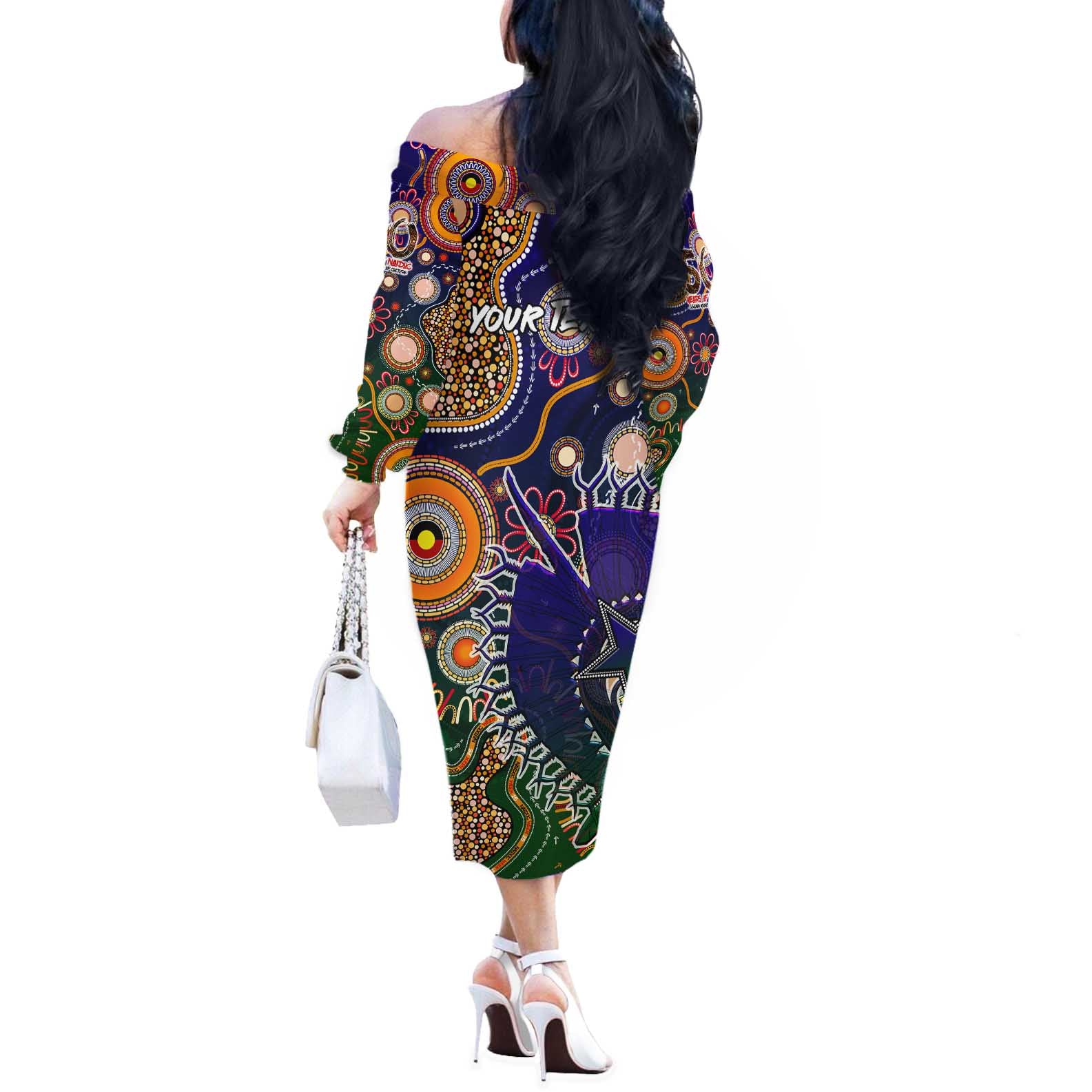 Personalised Indigenous Naidoc Week 2025 Off The Shoulder Long Sleeve Dress Aboriginal and Torres Strait Islands Dhari Mask