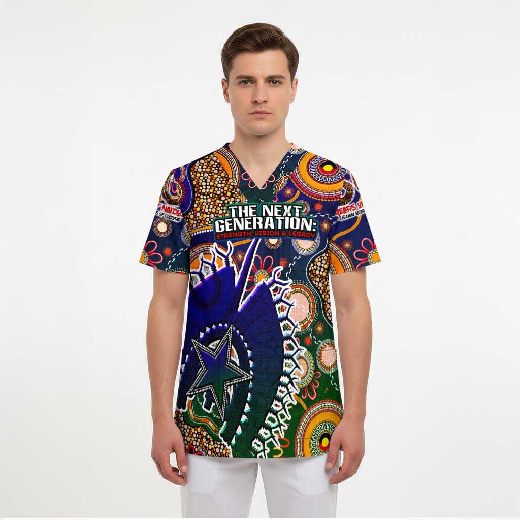 Personalised Indigenous Naidoc Week 2025 Scrub Top Aboriginal and Torres Strait Islands Dhari Mask - Aussie Hoodie