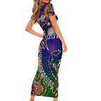 Personalised Indigenous Naidoc Week 2025 Short Sleeve Bodycon Dress Aboriginal and Torres Strait Islands Dhari Mask